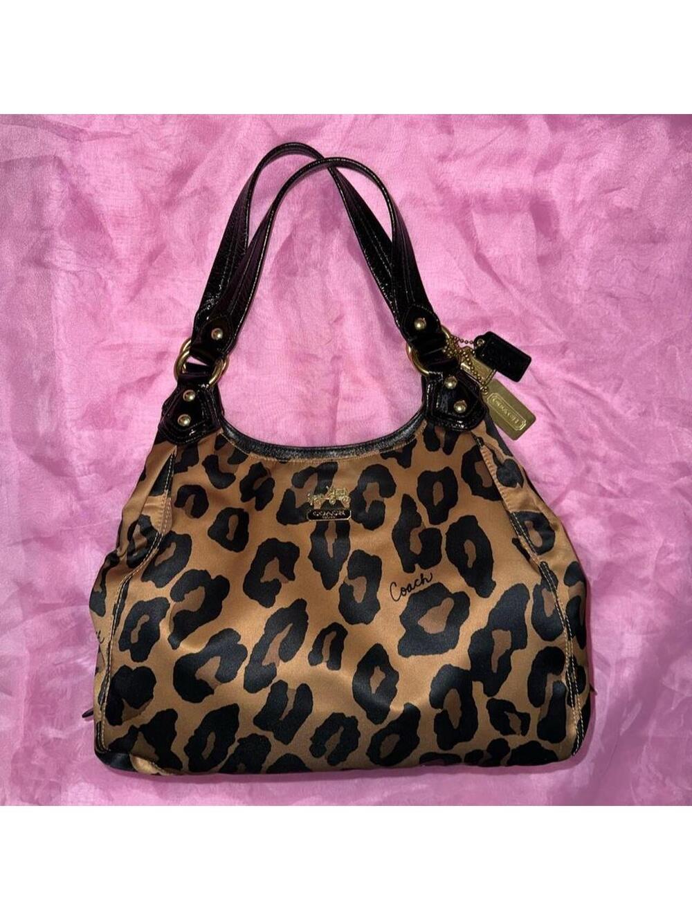 Y2K vintage Coach Ocelot leopard Print satin & Leather bag